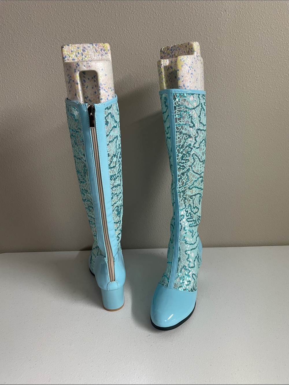 Women's Aqua Lace-Pattern Knee Boots with Back Zip